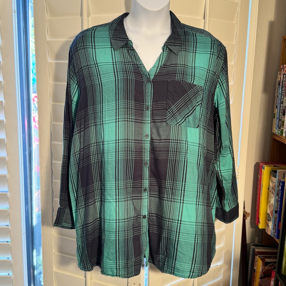 EVRI Teal and Black Plaid Button-Up Shirt SZ: 2X